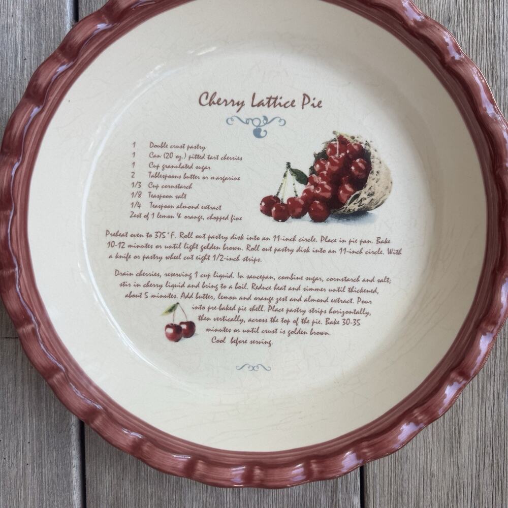 Cherry Lattice Pie Fluted Edge Deep Dish Plate Ceramic 9 in Recipe Cottagecore